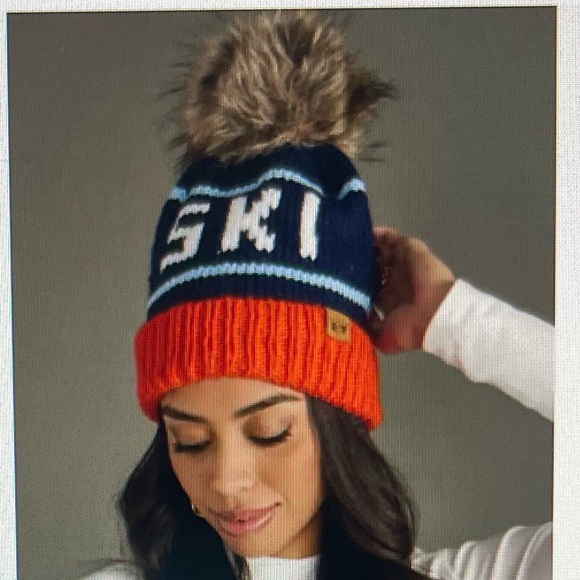 Panache Orange, Navy and Lt. Blue Ski Pom Hat Beanie - Picture 1 of 3